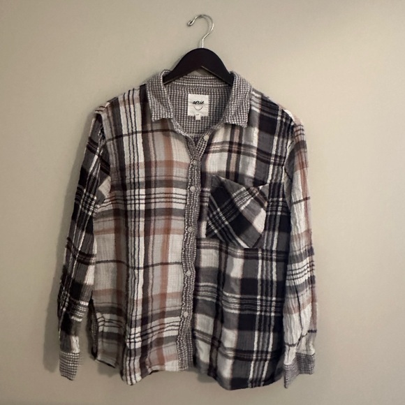 NWOT Aerie Soft Guaze Flannel Pajama Button Up Shirt Plaid White/Tan Medium - Picture 1 of 5